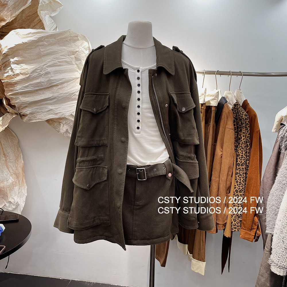 美式休闲宽松夹克工装口袋外套抽绳牛仔上衣+军绿腰带半身裙套装,女装/女士精品,时尚套装,淘宝优惠券,粉丝福利购,淘宝优惠卷