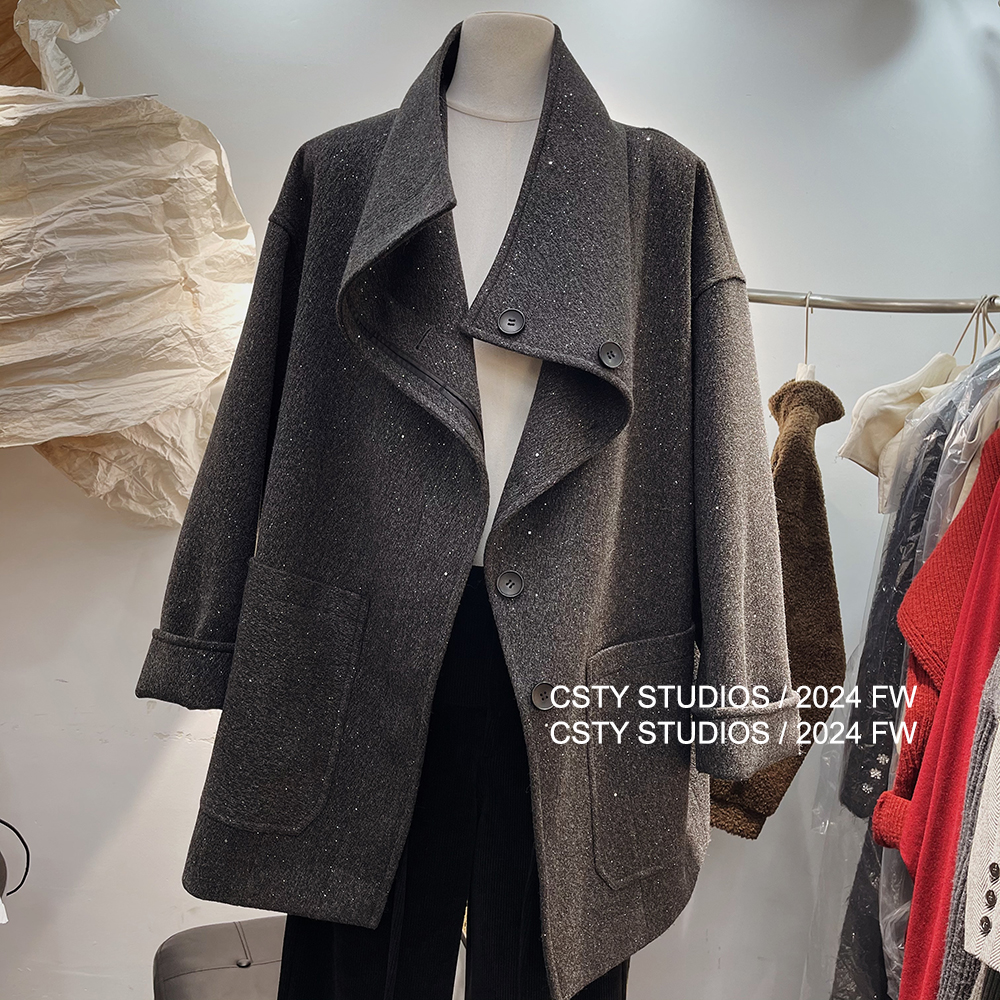 韩系宽松大翻领毛呢外套