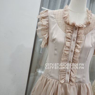 中古风荷叶边缎面拼接雪纺连衣裙女收腰精致感名媛气质温柔风裙子