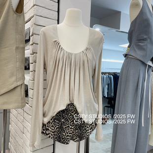 设计感U领褶皱长袖休闲T恤女秋季新款宽松显瘦百搭打底衫上衣潮