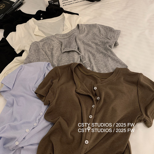 简约排扣修身短款显瘦辣妹正肩休闲T恤时尚短袖女夏季新款上衣潮