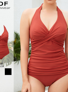 2025新性感V领三角连体泳衣女大码胖MM200斤挂脖遮肉显瘦红色显白