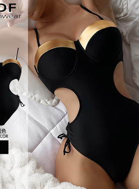 2024大码胖MM大胸钢圈聚拢性感露背三角连体泳衣女黑收腰高叉显瘦