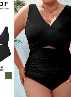 欧美黑色时尚性感V领泳衣大码胖mm泡温泉遮肚显瘦连体泳装女夏季