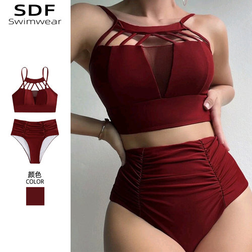 酒红高腰分体泳衣大码胖mm比基尼