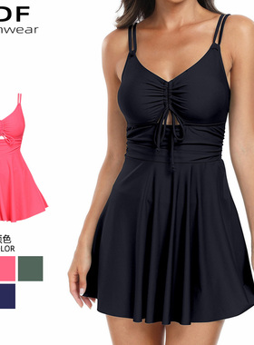 粉红色V领泳衣大码胖mm遮肉连体200斤裙式保守遮肚显瘦温泉泳装女