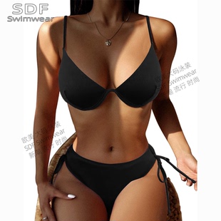 欧美ins性感三点式 度假风比基尼聚拢钢托女士高颜值泳衣分体温泉