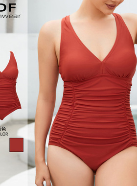 纯色大胸大码胖MM200斤性感遮肚显瘦三角连体游泳衣女复古焦糖红