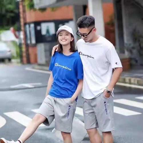 100%刺绣纯棉半袖t恤宽松ins潮字母刺绣情侣短袖男女同款运动体