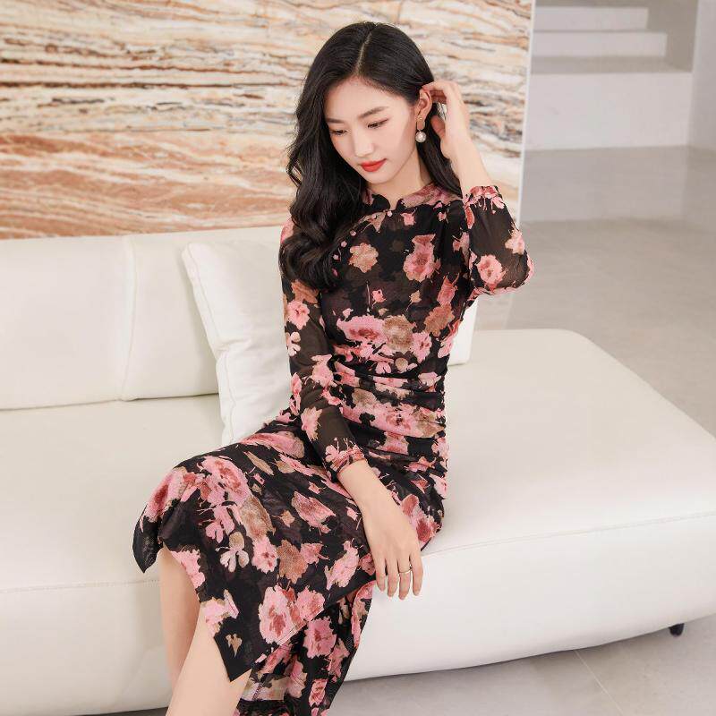 2024秋款名媛风收腰显瘦优雅女人味水红色过膝连衣裙HJ3S53