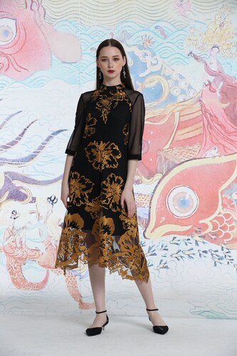 Bernieelen/伯妮斯茵2022夏女士修身复古优雅显瘦连衣裙1S6065