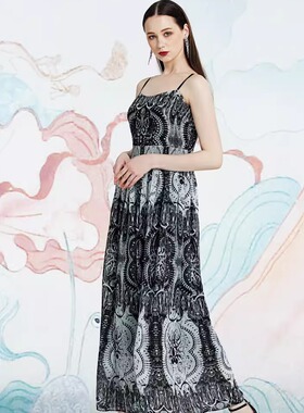 2024春夏新款吊带连衣裙女印花长款裙子1S7142