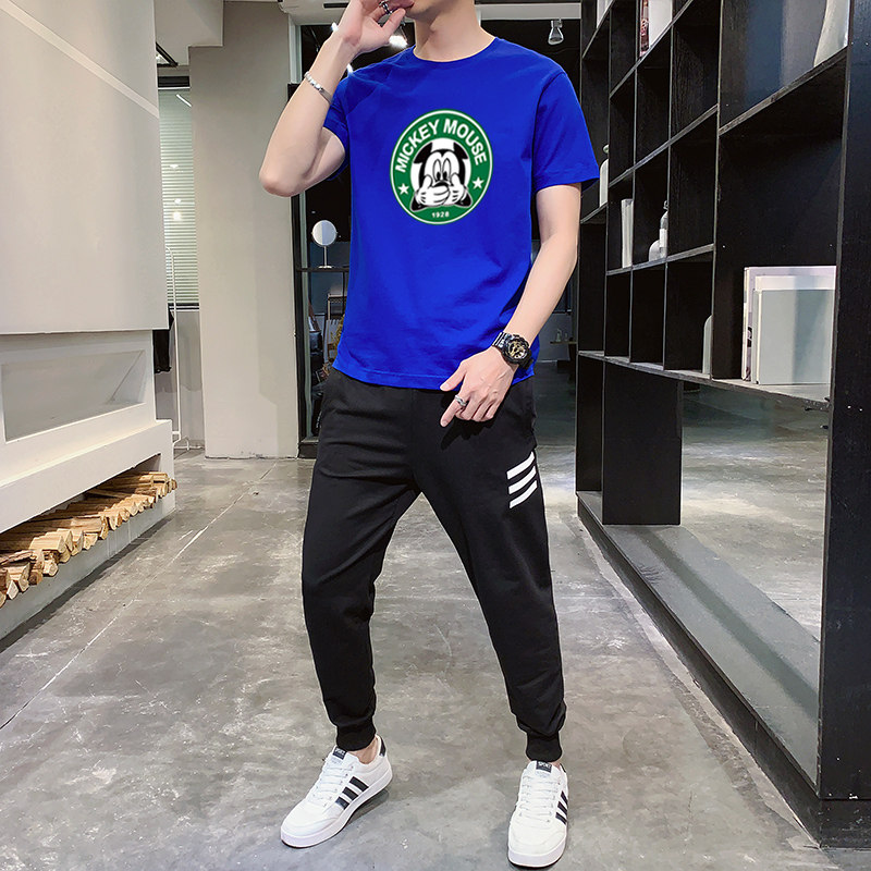 2025年青少年韩版时尚九分裤短袖套装男T恤男潮搭休闲潮流一套P60,男装T恤,星座211-2