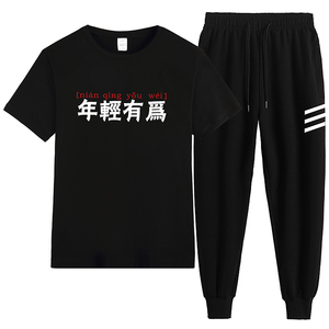 青少年班服T恤休闲运动两件套现货多数据好纯棉套装印花上衣-P60图片