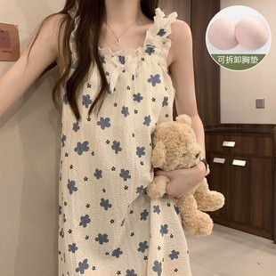 韩版 睡衣 碎花吊带睡裙少女夏季 纯棉甜美可爱公主风带胸垫宽松大码