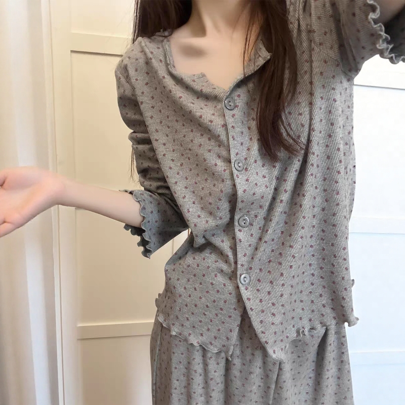 韩版复古甜美少女碎花莫代尔春秋