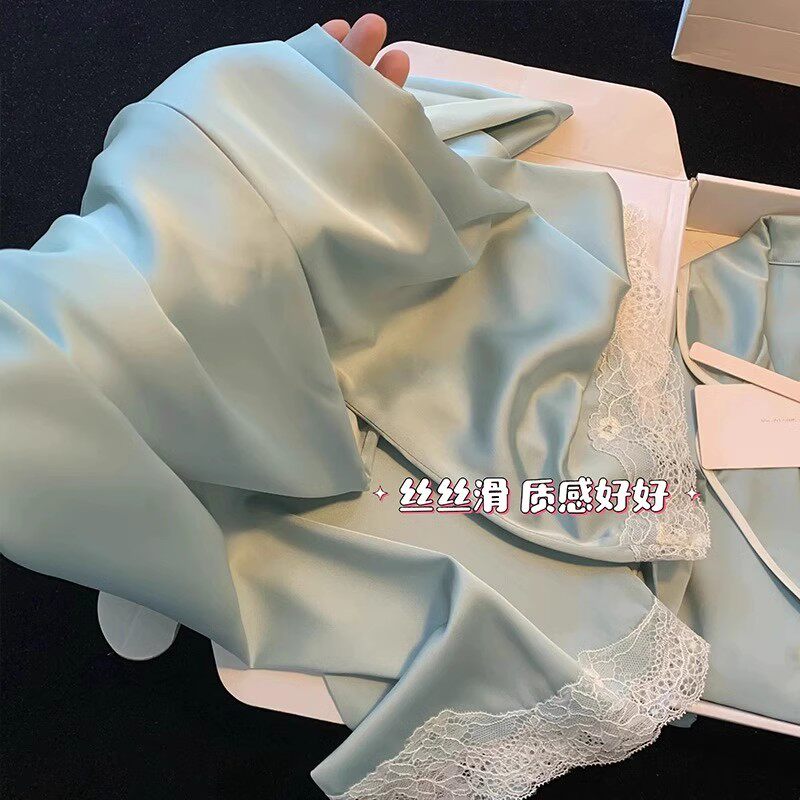 PAJAMAS WOMENS SUMMER ICE SILK LONG-SLEEVED THIN SPRING AUTUMN AND SUMMER HIGH-END INTERNET CELEBRITY STYLE PLUS-SIZE LOUNGEWEAR CAN BE WORN OUTSIDE