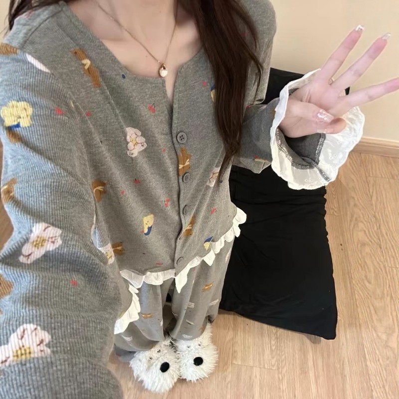 花边可爱小熊长袖睡衣女春秋款2025新款甜美网红学生家居服两件套,女士内衣/男士内衣/家居服,睡衣/家居服套装,淘宝优惠券,粉丝福利购,淘宝优惠卷