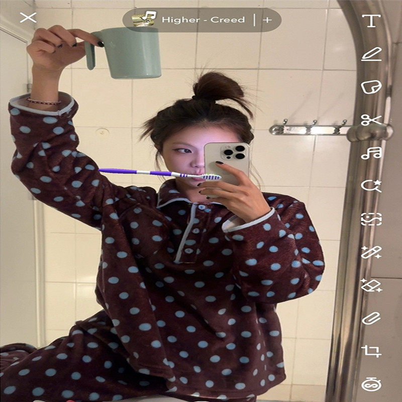 馨帮帮Homedress 撞色波点法兰绒睡衣套装女冬季长袖可外穿家居服,女士内衣/男士内衣/家居服,睡衣/家居服套装,淘宝优惠券,粉丝福利购,淘宝优惠卷