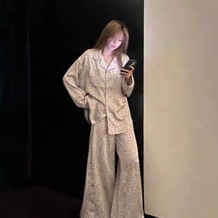 长裤 韩系高级感豹纹缎面冰丝睡衣女秋季 长袖 大码 家居服两件套 新款