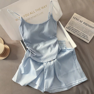 睡衣家居服两件套 纯欲风吊带条纹短裤 带胸垫一体式 吊带背心女夏季