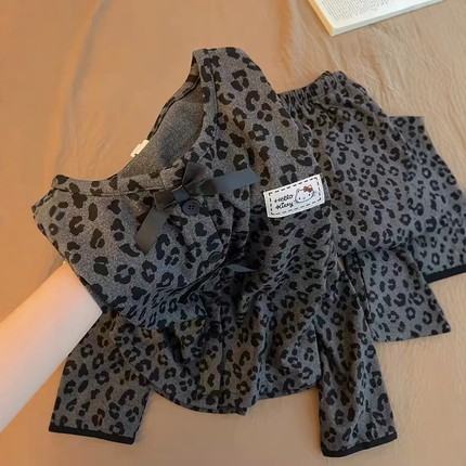 HelloKitty软糯德绒睡衣女款长袖春秋冬季保暖灰色豹纹家居服套装