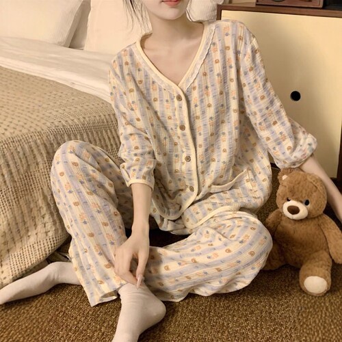可爱卡通小熊拼接双层棉纱睡衣女