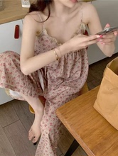 韩国纯欲风吊带长裤睡衣女夏天甜美碎花带胸垫薄款两件套装家居服