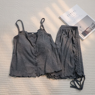 纯棉带胸垫吊带睡衣女高级感深灰色显瘦性感套装 夏季 网红风家居服