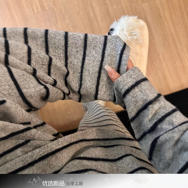 ins风少女休闲条纹德绒睡衣女冬