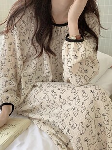 睡裙女春秋季日系ins可爱卡通兔子简约圆领束口长款纯棉纱布长裙