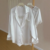 男友风睡衣女性感冰丝缎面纯欲花边蕾丝镂空白衬衫 睡裙家居服套装