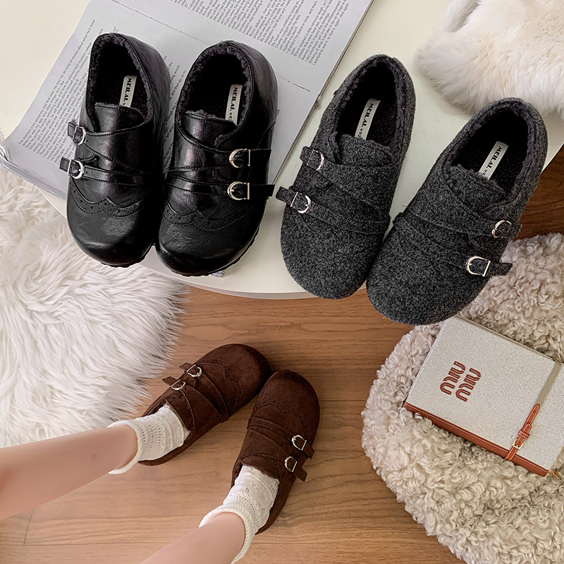 内增高加绒毛呢子勃肯鞋女2025冬季新款英伦风小皮鞋保暖乐福棉鞋