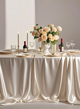 定制白色会议桌布轻奢高级感酒店西餐厅生日甜品台长方形缎面台布