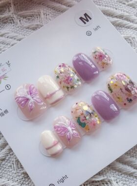 妙甲生花M号现货 短方紫色干花穿戴甲手工制作假指甲片顺丰包邮