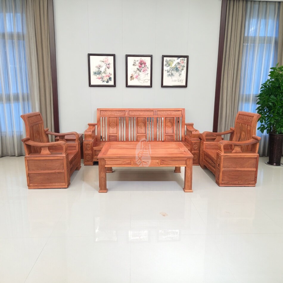 红木家具缅甸花梨木明式大扶手沙发六件套大果紫檀中式实木榫卯