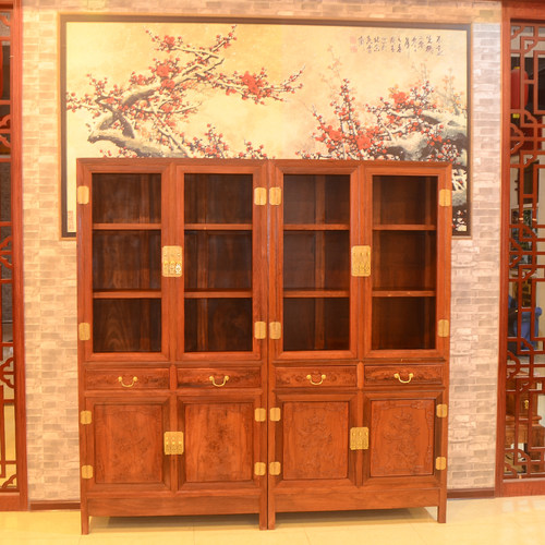 红木家具缅甸花梨木书柜书架带门雕花 中式仿古实木家具 组合书柜