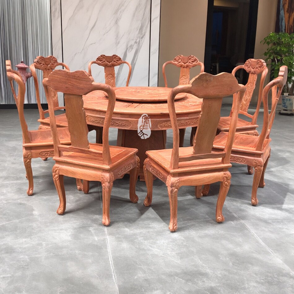 精品红木家具缅甸花梨1.38米象头椅圆餐桌餐台饭台大果紫檀雕花