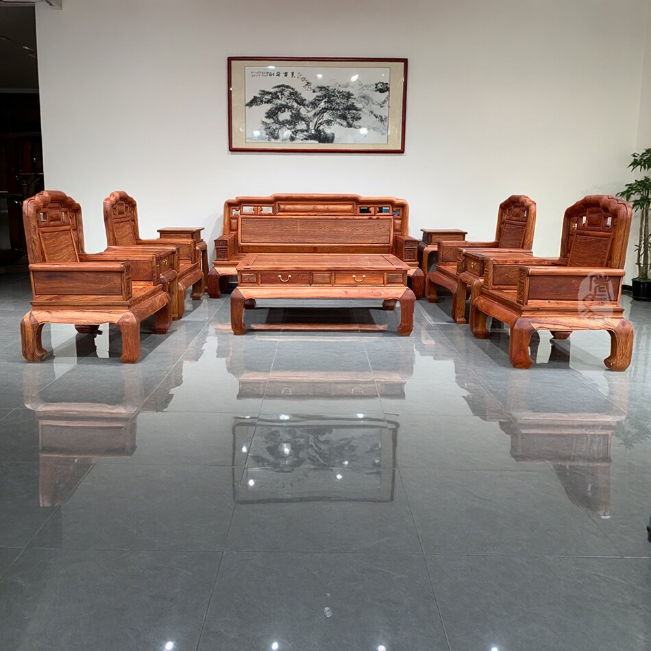 红木家具缅甸花梨国色天香素面沙发十件套原木榫卯正宗大果紫檀
