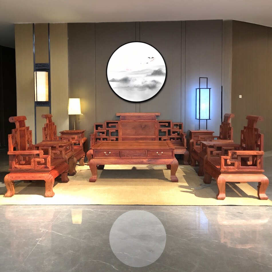 红木家具缅甸花梨木山水沙发十件套大果紫檀中式榫卯仿古客厅组合