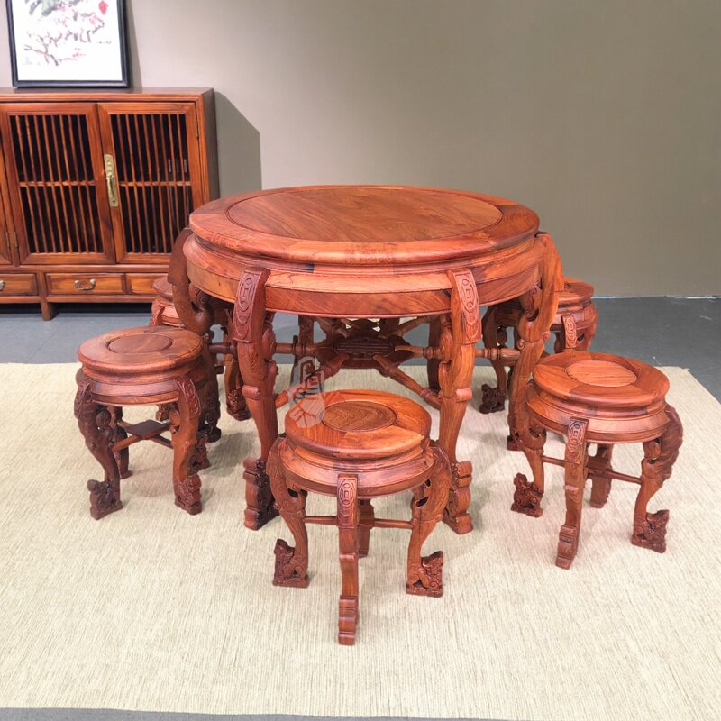 红木家具缅甸花梨1米圆鼓台凳圆餐桌椅饭桌阳台休闲桌咖啡桌茶桌