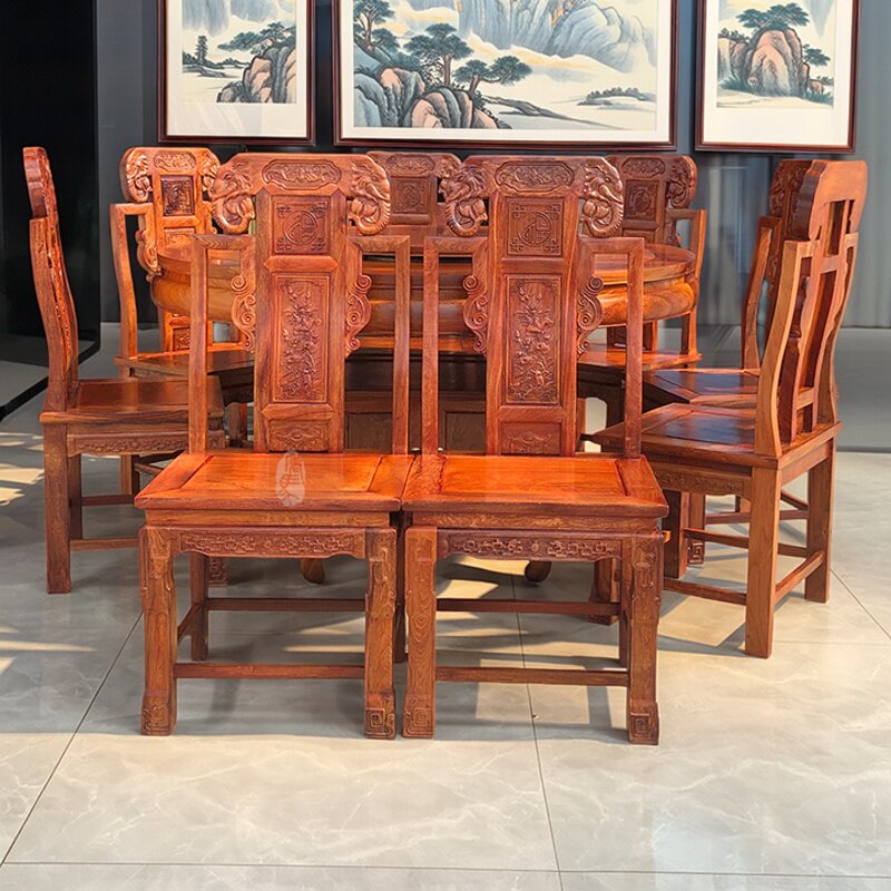 红木家具缅甸花梨木雕花象头圆餐桌餐台饭台正宗国标红木大果紫檀