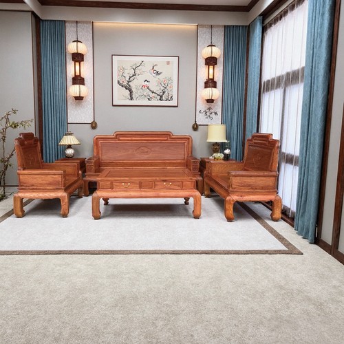 红木家具缅甸花梨木国色天香123六件套客厅沙发组合独板大果紫檀