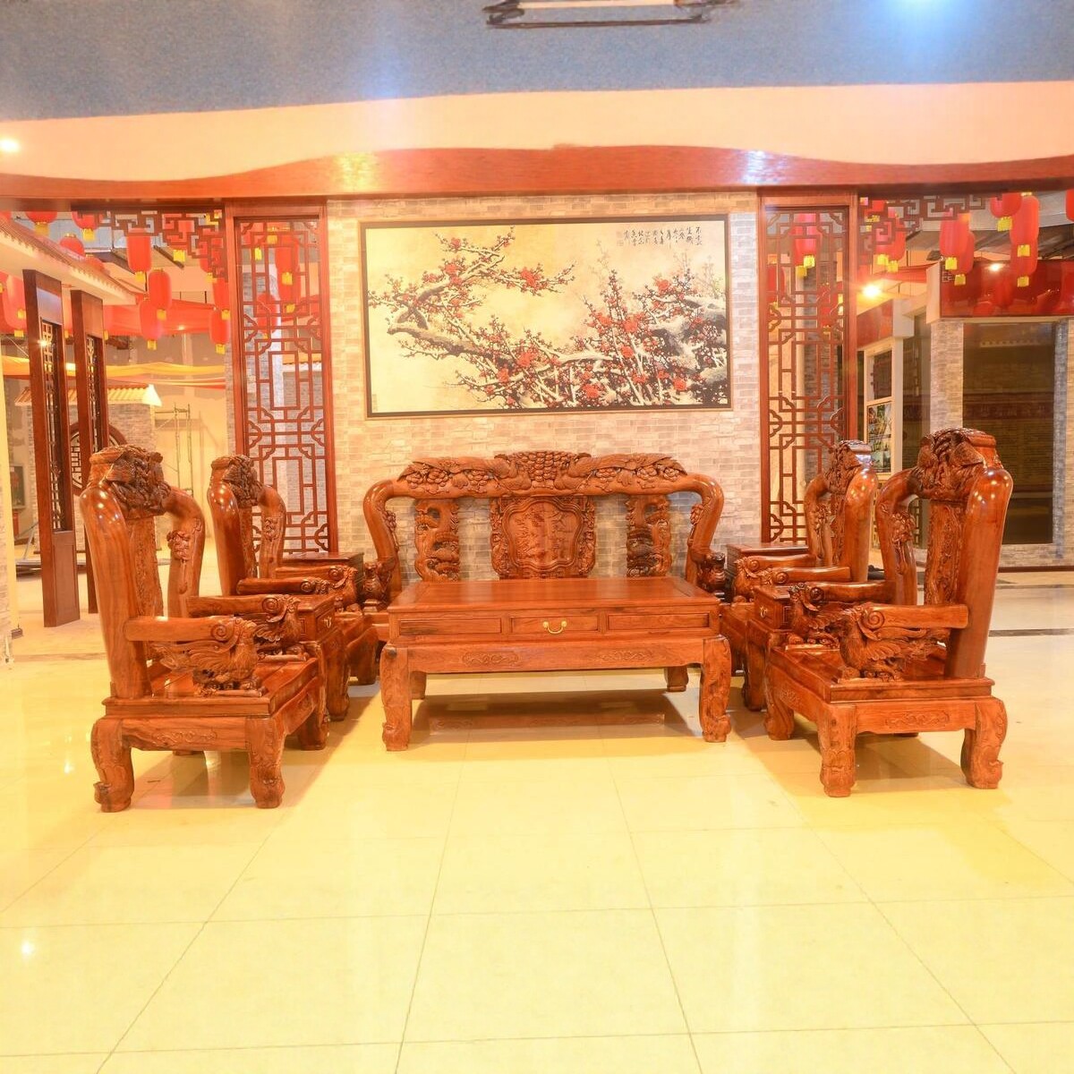 红木家具缅甸花梨木大果紫檀13公分凤凰沙发雕花沙发实木客厅组合