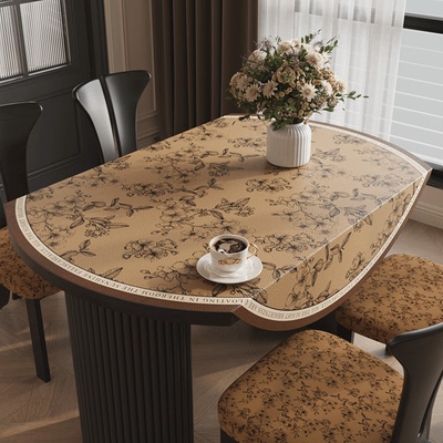中古风椭圆形餐桌桌垫美式轻奢高级感防水防油免洗可折叠圆桌桌布