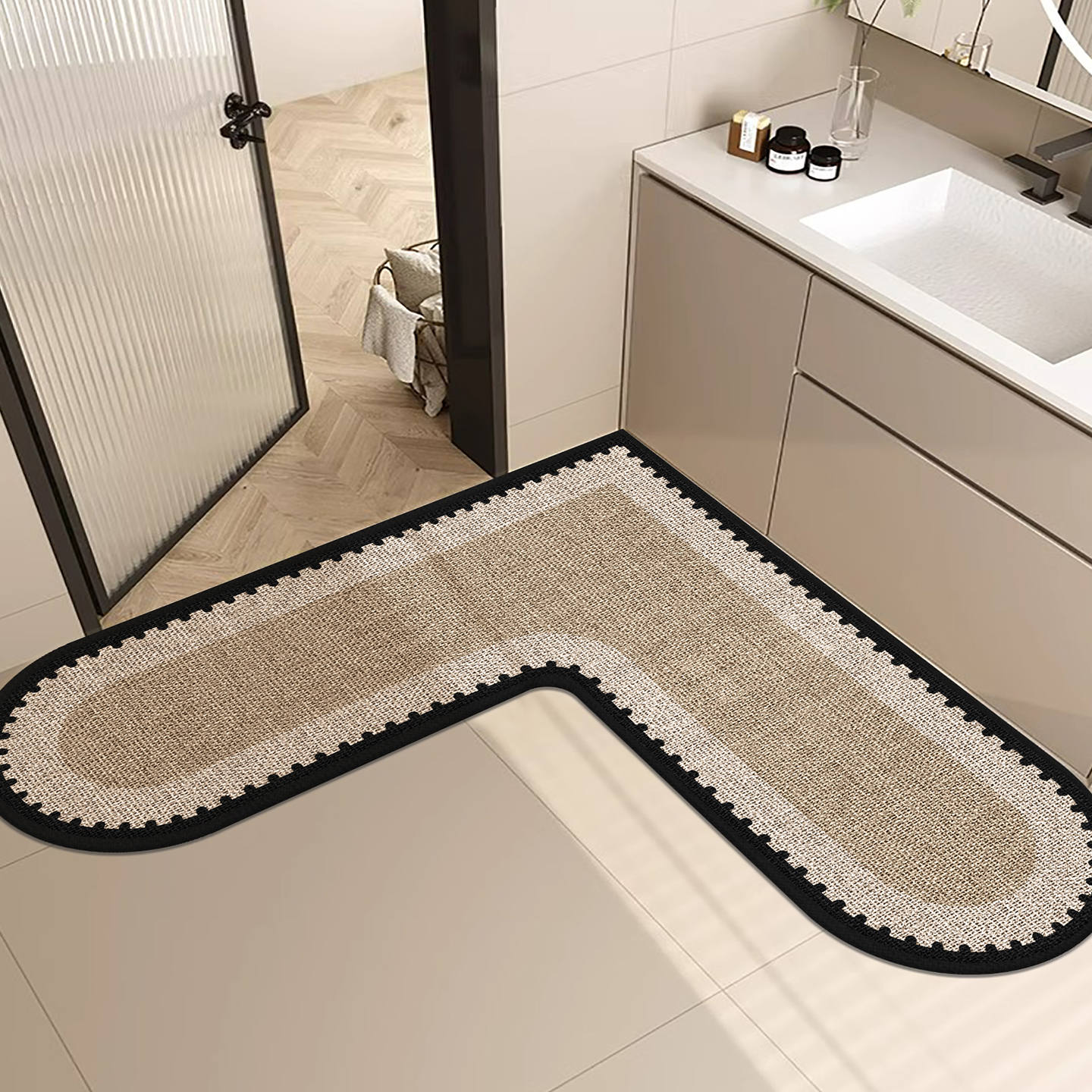 亚麻编织l型浴室进门地垫卫生间门口吸水防滑脚垫洗手台转角地毯