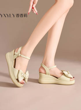 香香莉女鞋2025夏季坡跟厚底时尚百搭蝴蝶结一字扣凉拖鞋女30185