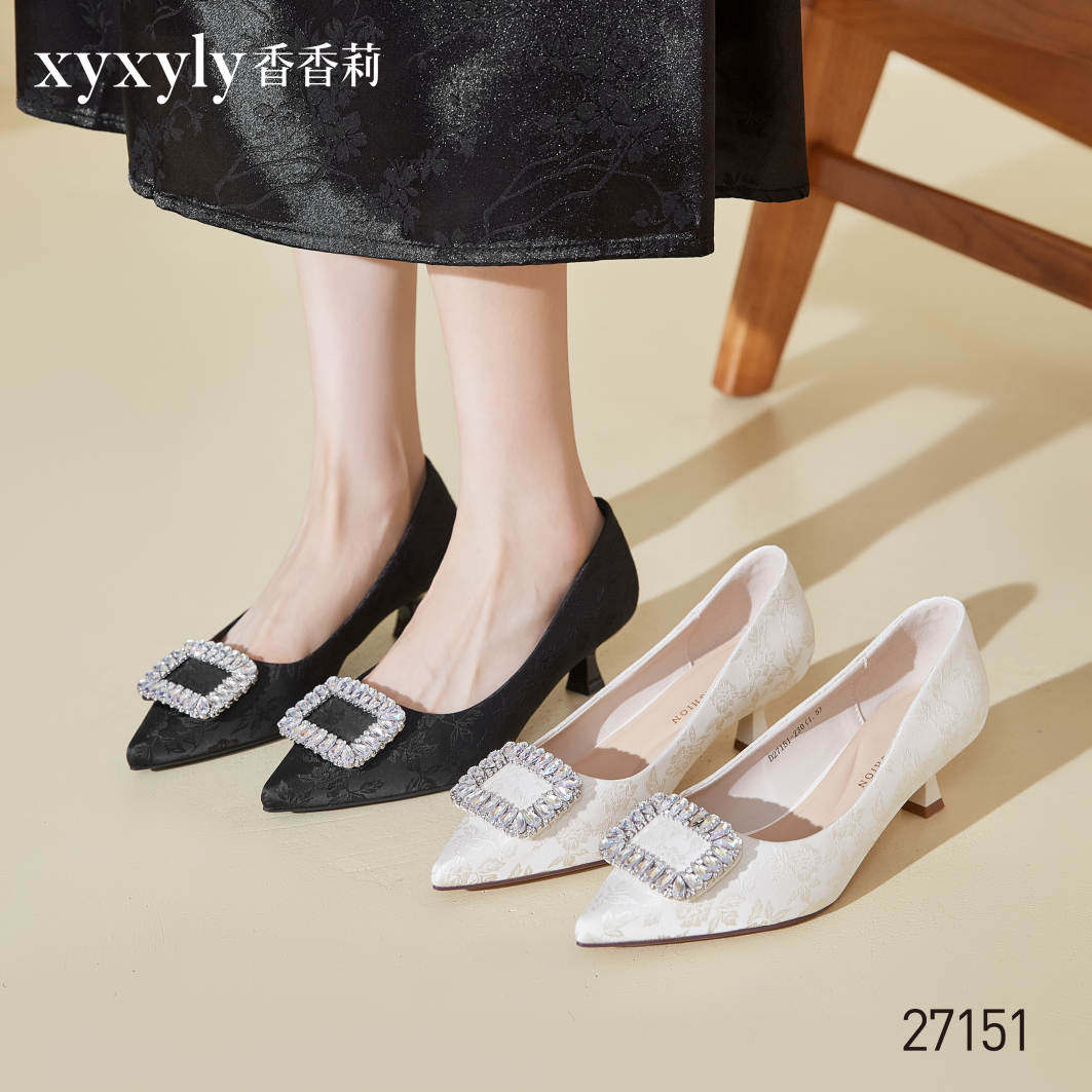 香香莉方扣高跟细跟鞋女2024秋季新款尖头浅口通勤工作单鞋27151