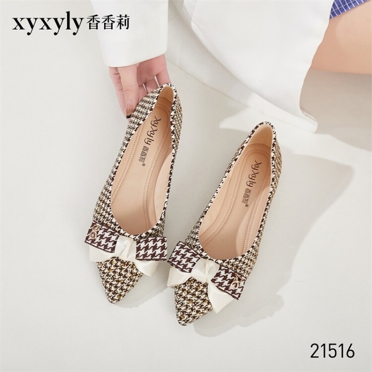 香香莉女鞋2023春季新款浅口尖头蝴蝶结千鸟格子百搭女单鞋d21516