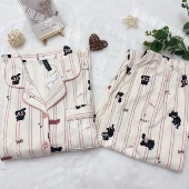 带胸垫女士睡衣套装 102 秋冬中厚100%棉粉条纹小黑猫长袖 家居服